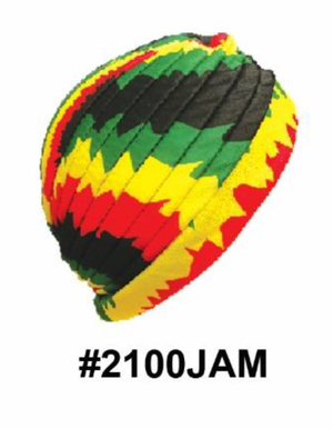 "Rasta-Colored Soft Spandex Cap (#2100JAM) - Red, Green, Yellow, and Black."