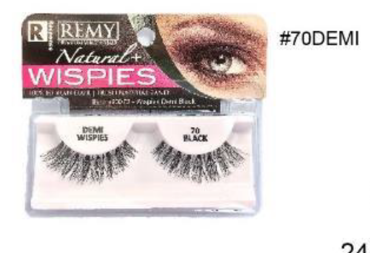 "Remy Natural False Lashes 70 Demi Wispies Black (#70DEMI) - Premium Remy Hair and Fluttery Finish."