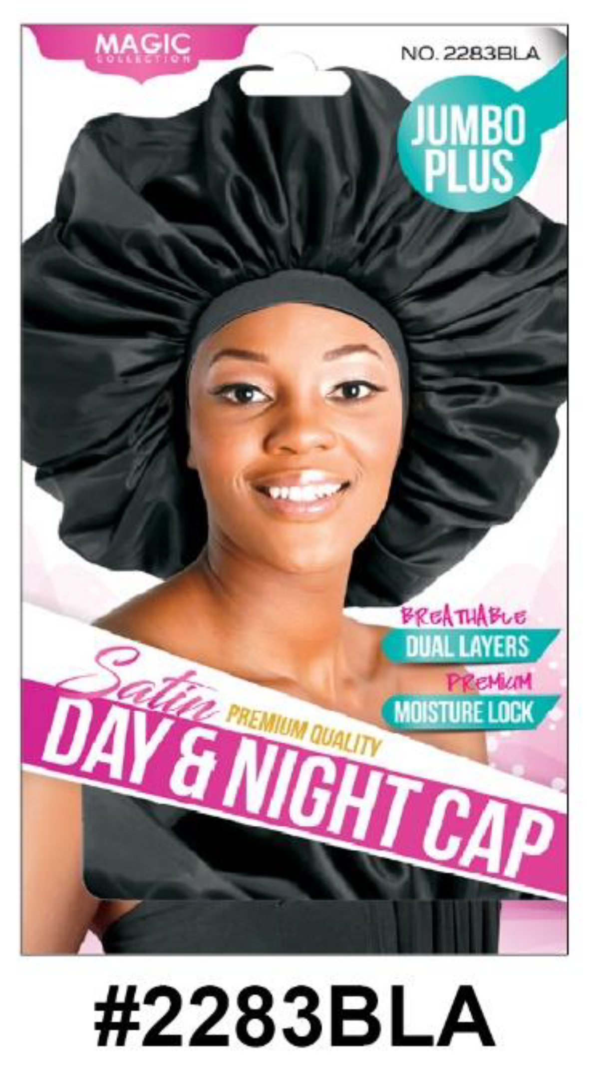 "Satin Day & Night Cap - Jumbo Plus in Black (#2283BLA) with Dual Layers and Moisture Lock."