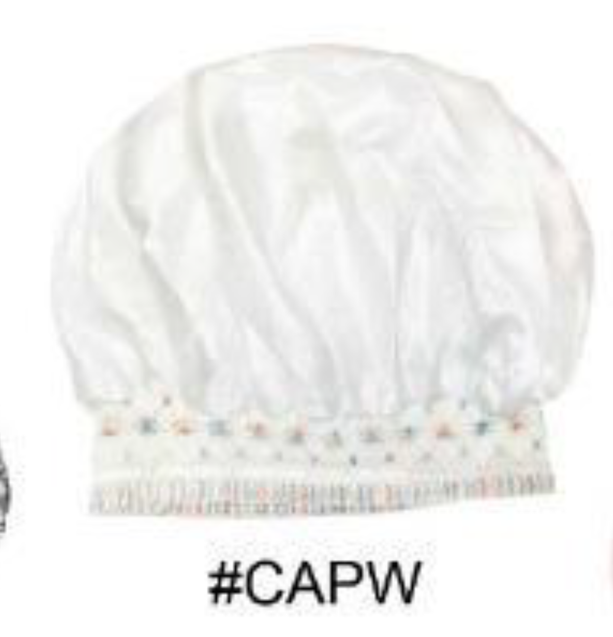 "Satin Shower Cap in White (#CAPW) - Elegant and Water-Resistant with Elastic Band for a Comfortable Fit."
