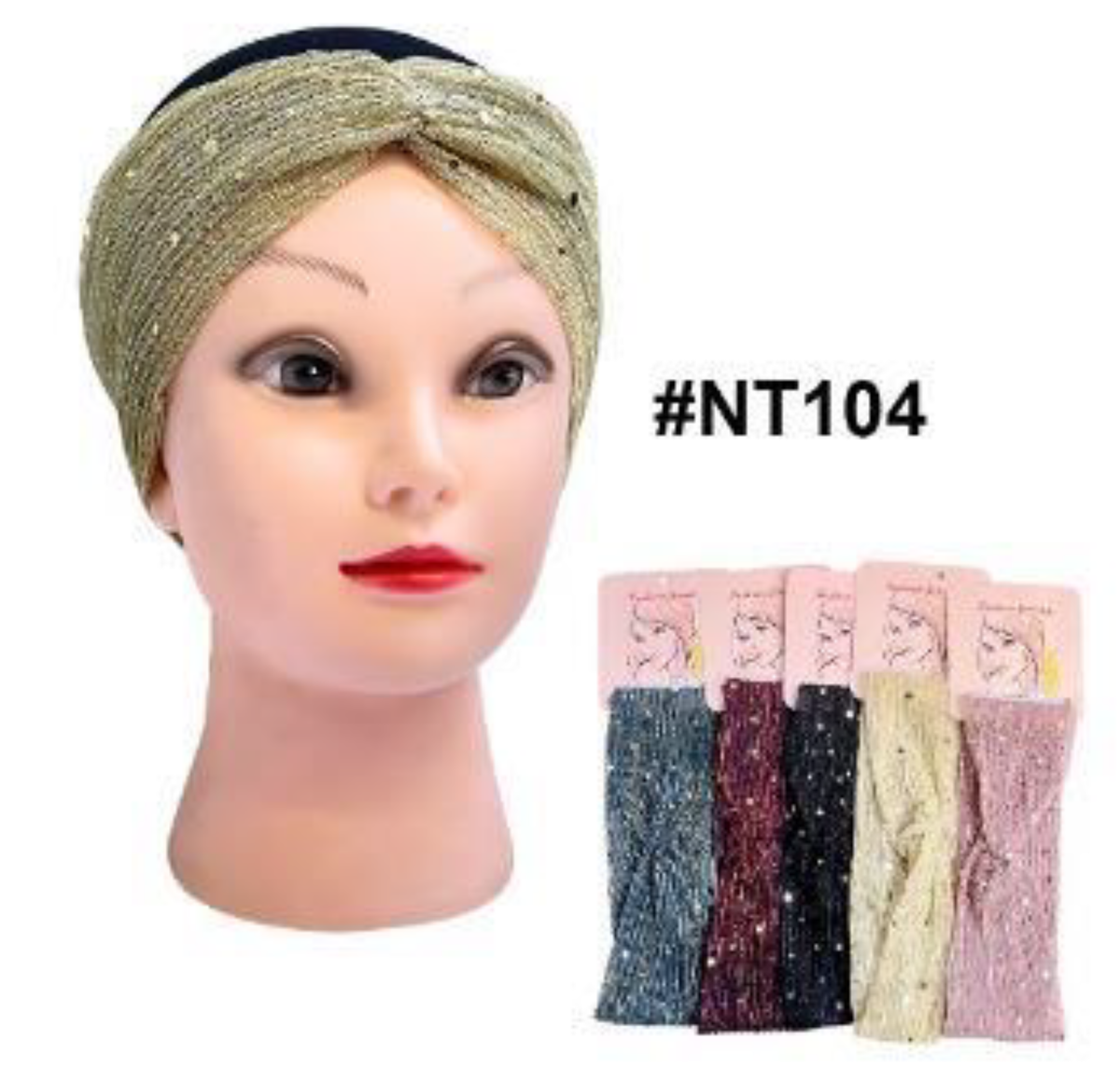 "Sequin Embellished Twist Turban (#NT104) - Available in Gold, Black, Burgundy, Blue, and Pink."
