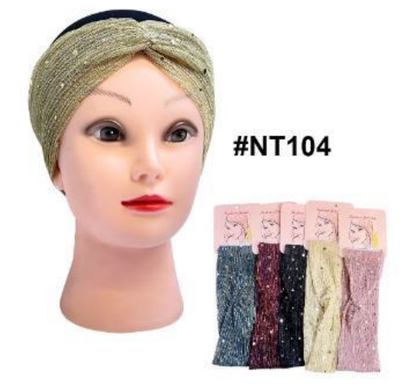 "Sequin Embellished Twist Turban (#NT104) - Available in Gold, Black, Burgundy, Blue, and Pink."