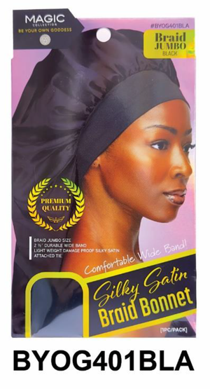 "Silky Satin Braid Bonnet in Black with Wide Elastic Band - Jumbo Size."
