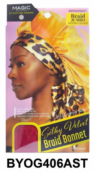 "Silky Velvet Braid Bonnet in Pattern-Colored Extra Jumbo Size with Wide Satin Tie."