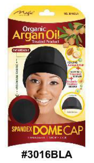 "Spandex Dome Cap in Black - Organic Argan Oil Treated - Expandable and Unisex Design (#3016BLA)."
