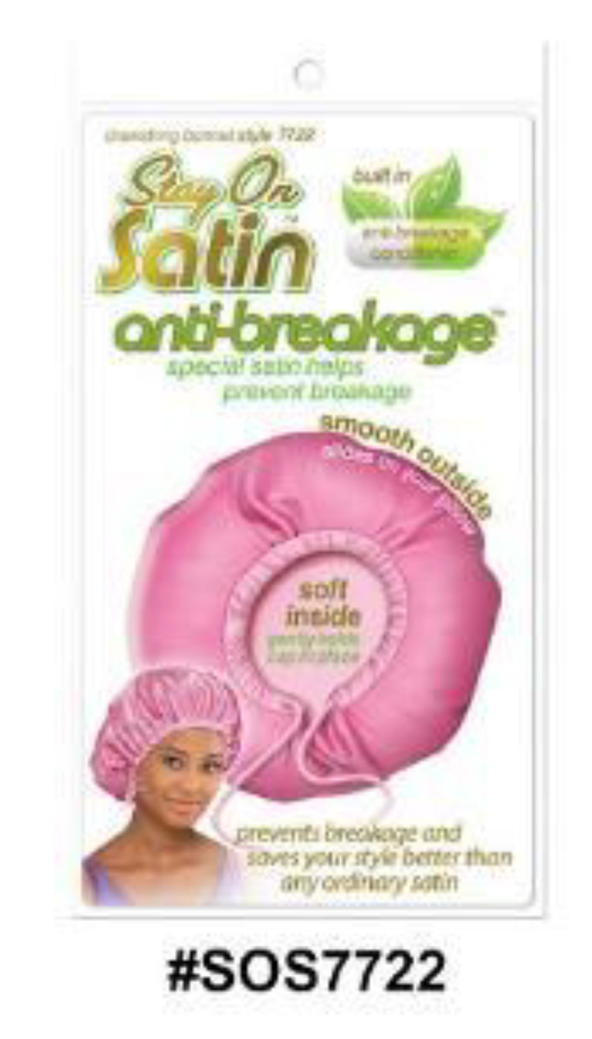 "Stay On Satin Anti-Breakage Bonnet in Pink (#SOS7722) - Built-In Conditioner and Smooth Satin for Hair Protection."