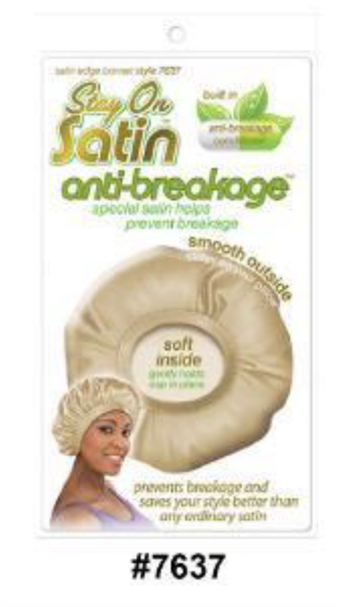 "Stay On Satin Anti-Breakage Satin Edge Bonnet in Beige (#7637) - Hair Protection with Built-In Conditioner."