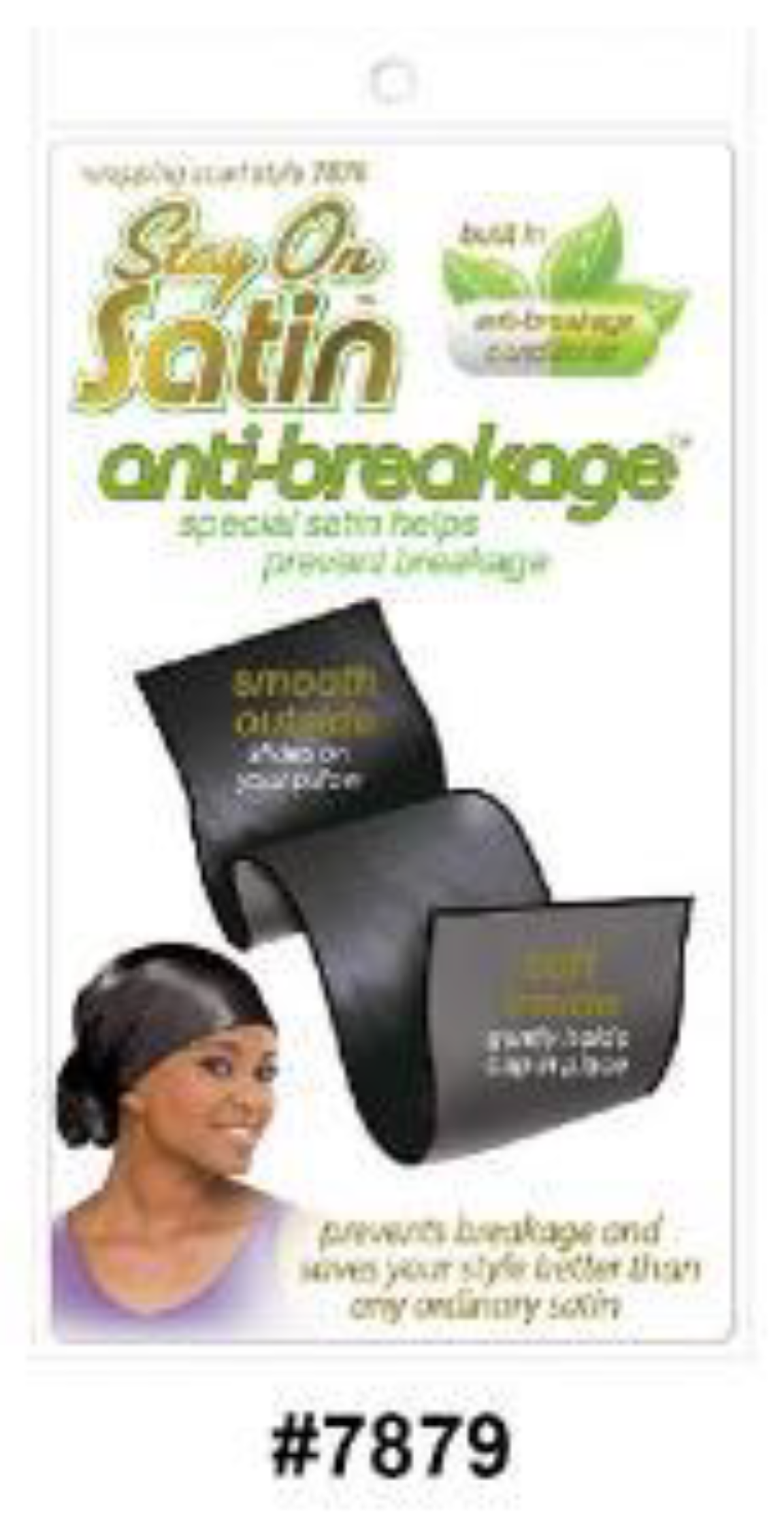 "Stay On Satin Anti-Breakage Wrap Scarf (#7879) - Smooth Satin Exterior, Built-In Conditioner for Hair Protection."