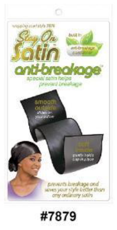 "Stay On Satin Anti-Breakage Wrap Scarf (#7879) - Smooth Satin Exterior, Built-In Conditioner for Hair Protection."