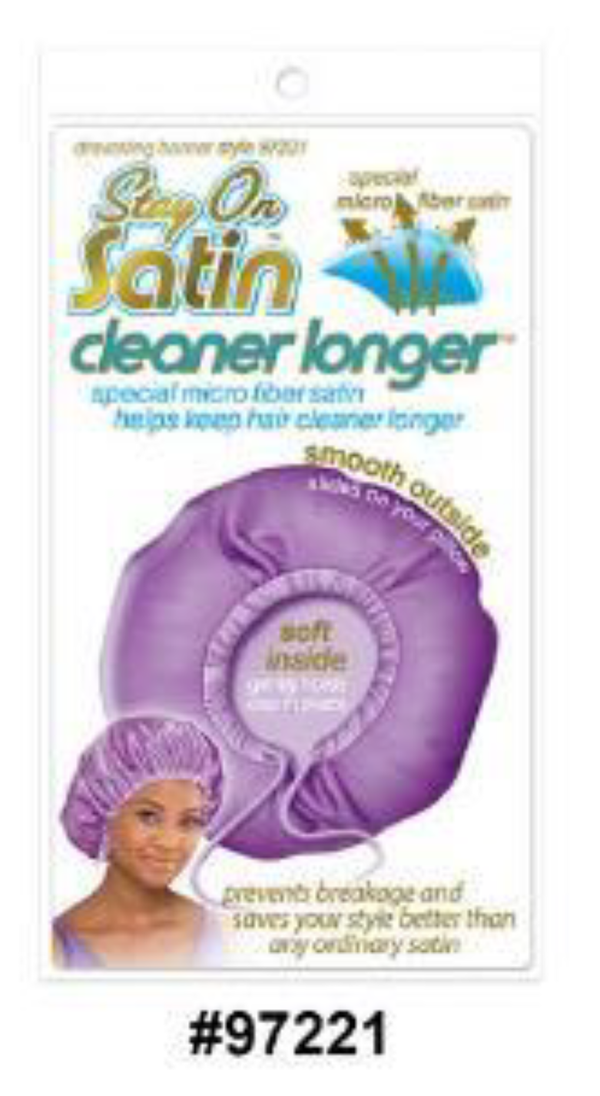 "Stay On Satin Cleaner Longer Bonnet in Purple (#97221) - Micro-Fiber Satin Bonnet for Hair Protection and Style Maintenance."