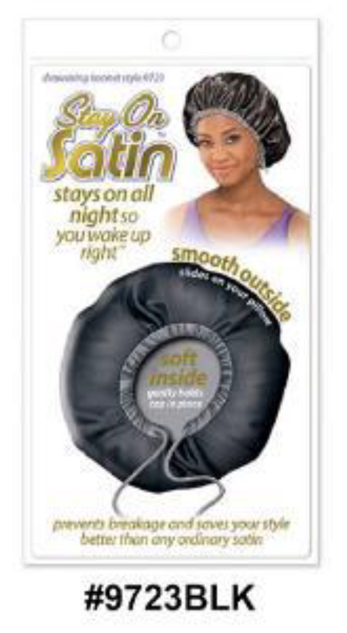 "Stay On Satin Drawstring Bonnet - Black (#9723BLK) - Smooth Outside, Soft Inside for Hair Protection."