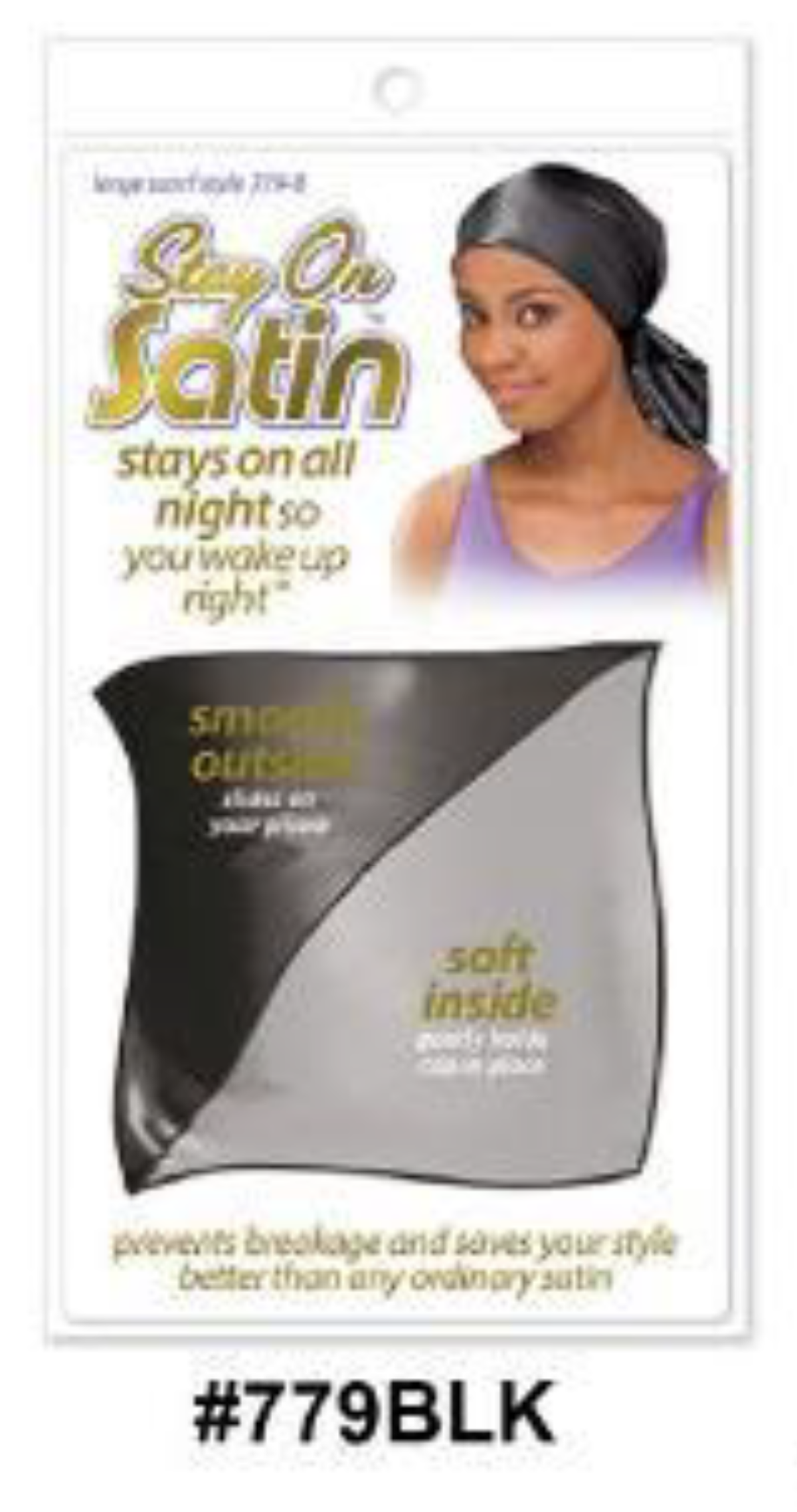 "Stay On Satin Large Scarf in Black (#779BLK) - Smooth Satin Exterior, Soft Interior for Hair Protection."