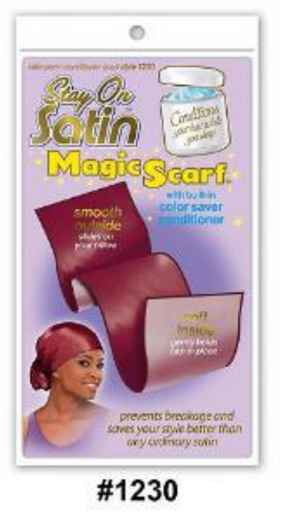 "Stay On Satin Magic Scarf in Red (#1230) - Satin Hair Scarf with Built-In Color Saver Conditioner for Hair Protection."