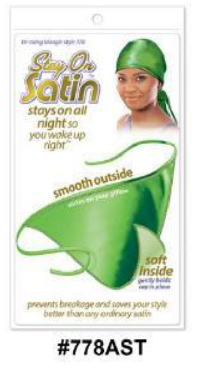 "Stay On Satin Wide Band Tie Scarf in Green (#778AST) - Smooth Satin Exterior, Soft Interior for Hair Protection and Style Preservation."
