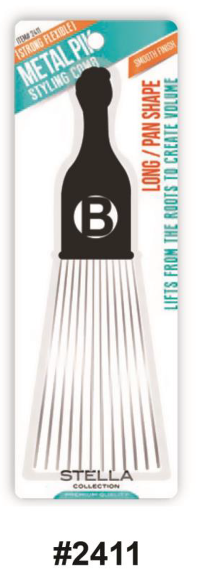 Stella Collection Metal Pik Styling Comb (#2411) - Long Pan Shape for Hair Styling and Volume