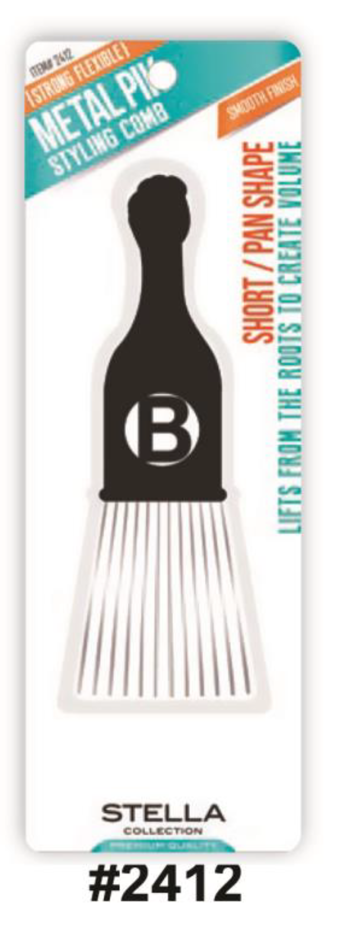 Stella Collection Metal Pik Styling Comb (#2412) - Short Pan Shape for Hair Styling