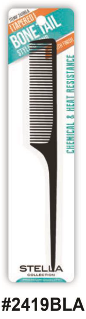 "Stella Collection Tapered Bone Tail Styling Comb - Black, Chemical & Heat Resistant (#2419BLA)."