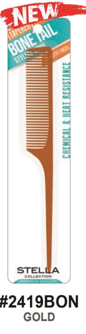 "Stella Collection Tapered Bone Tail Styling Comb - Gold, Chemical & Heat Resistant (#2419BON)."