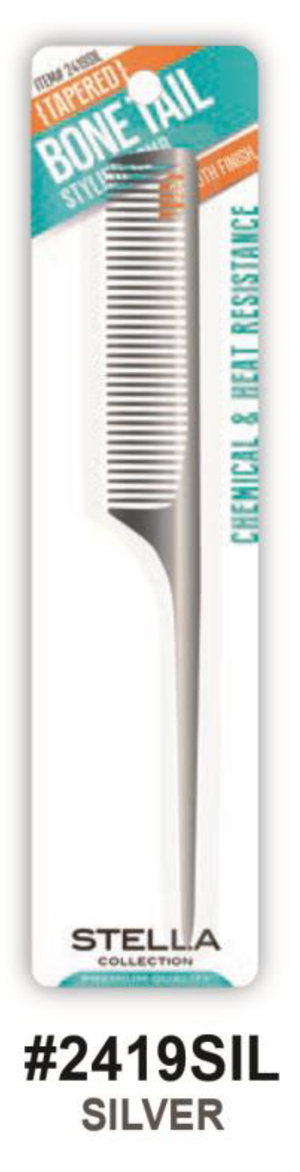 "Stella Collection Tapered Bone Tail Styling Comb - Silver, Chemical & Heat Resistant (#2419SIL)."