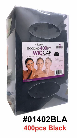"Stocking 400pcs Wig Cap - Black (#01402BLA) - Ultra-Thin Stocking Fabric with Elastic Band."