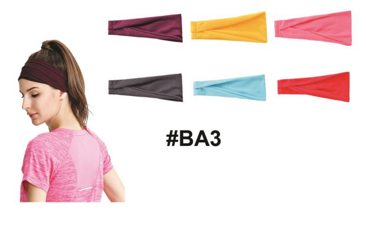 "Stretch Active Headband (#BA3) in Burgundy, Yellow, Pink, Grey, Aqua Blue, and Red - Versatile Hair Accessory."