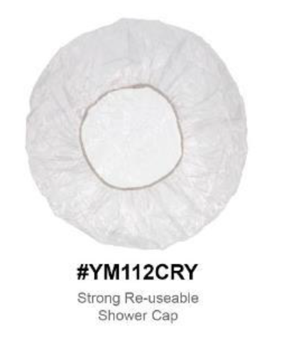 "Strong Reusable Shower Cap in Clear (#YM112CRY) - Durable, Waterproof, and Comfortable."