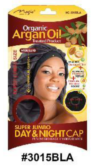 "Super Jumbo Day & Night Cap - Black - Wide Band Design - Organic Argan Oil Treated (#3015BLA)."