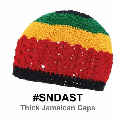 "Thick Jamaican Crochet Cap in Rasta Colors (#SNDAST) - Red, Yellow, Green, and Black."