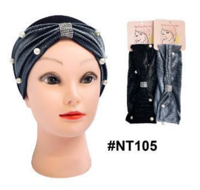 "Velvet Pearl Embellished Twist Turban (#NT105) in Black - Elegant and Stylish Hair Accessory."