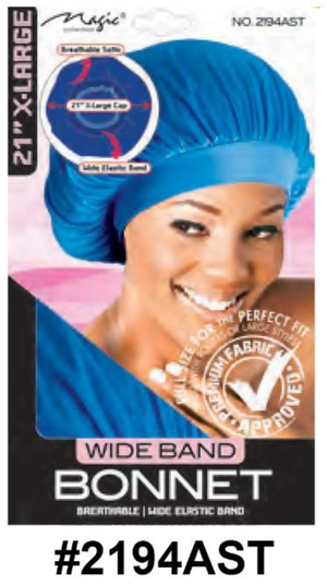"Wide Band Bonnet in Assorted Blue - 21 Inch X-Large with Satin Fabric and Wide Elastic Band (#2194AST)."