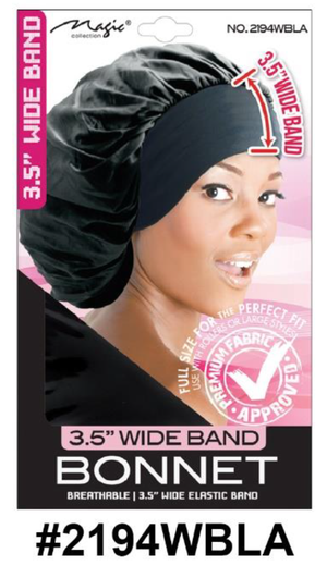 "Wide Band Satin Bonnet in Black - 3.5-Inch Wide Band, Premium Fabric, Full Hair Coverage."