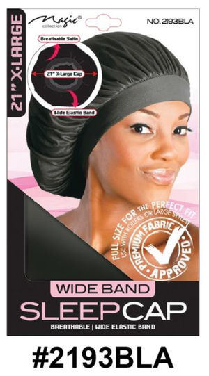 "Wide Band Sleep Cap in Black - Extra-Large Size, Breathable Satin."