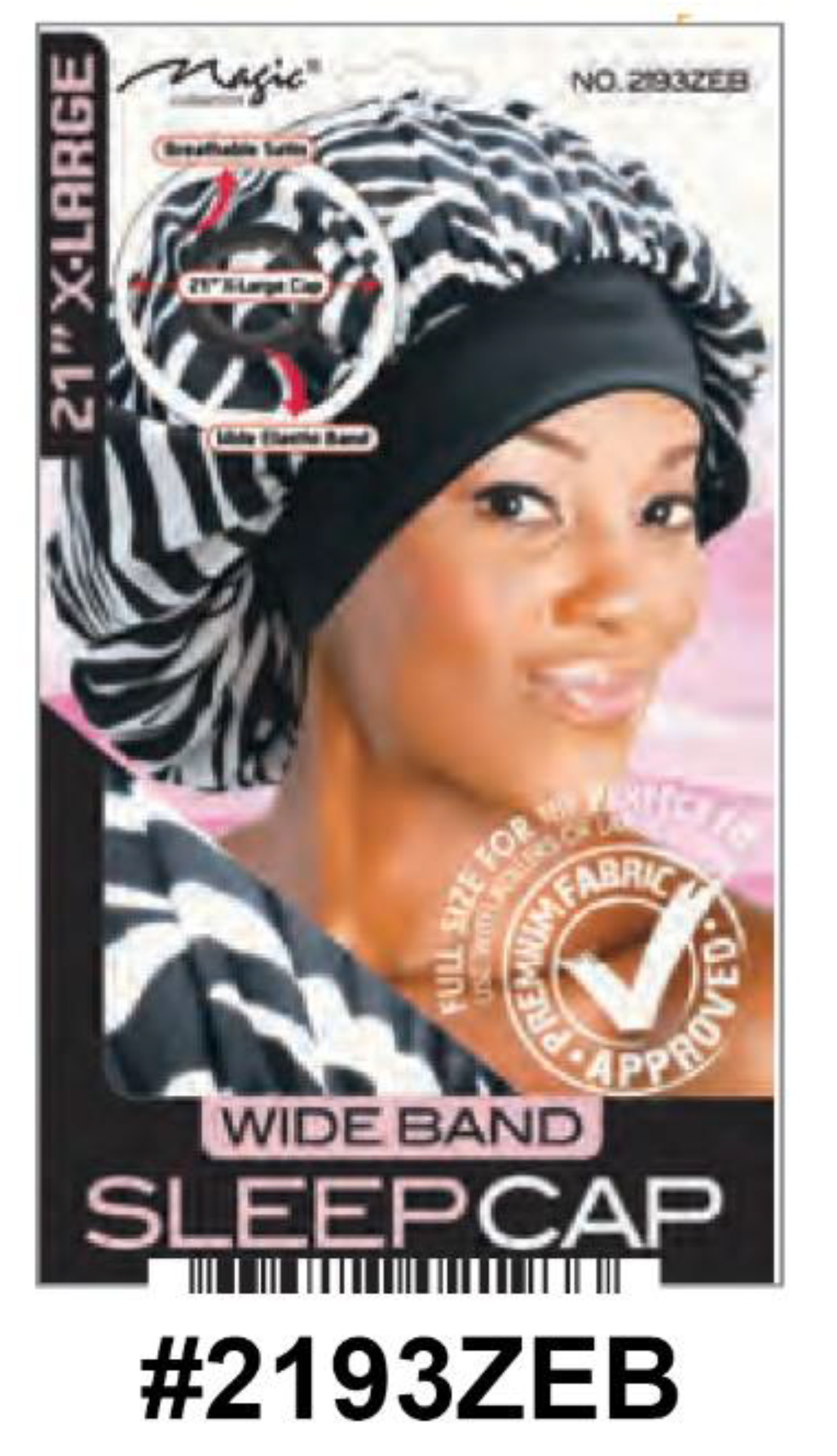 "Wide Band Sleep Cap in Zebra Print - Extra-Large Size, Breathable Satin."