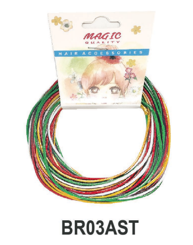 Colorful hair ties on a white background with a packaging label above.