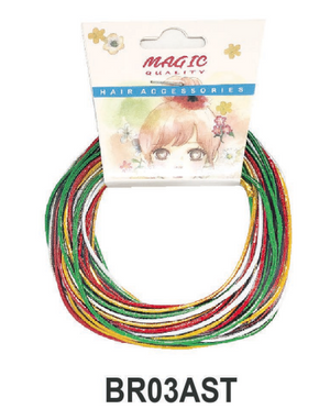 Colorful hair ties on a white background with a packaging label above.