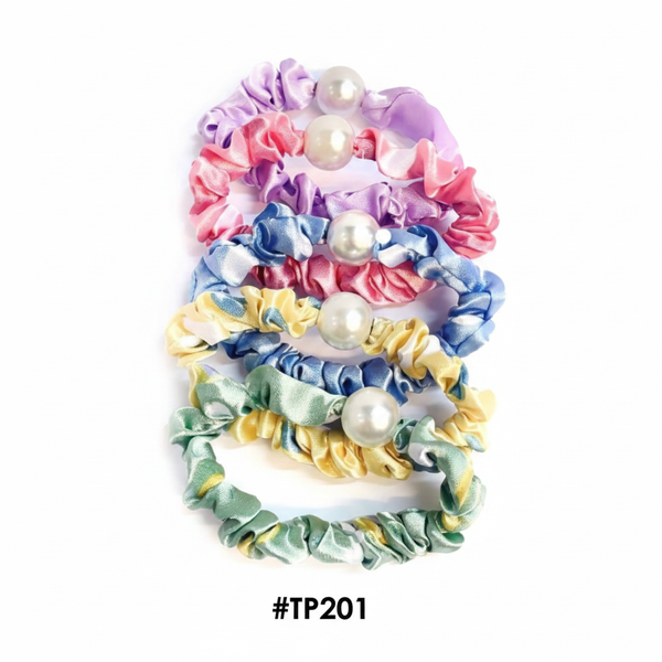Magic Quality Satin Scrunchies Pearl Bead Pastel Assorted 4pcs #TP201