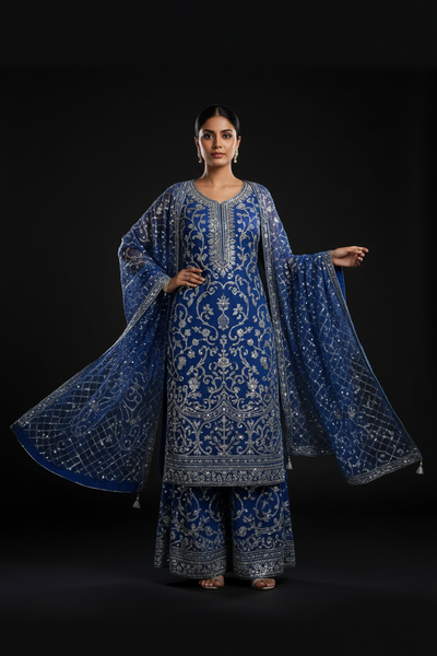 Model wearing Royal Blue Chiffon Salwar Kameez with silver embroidery