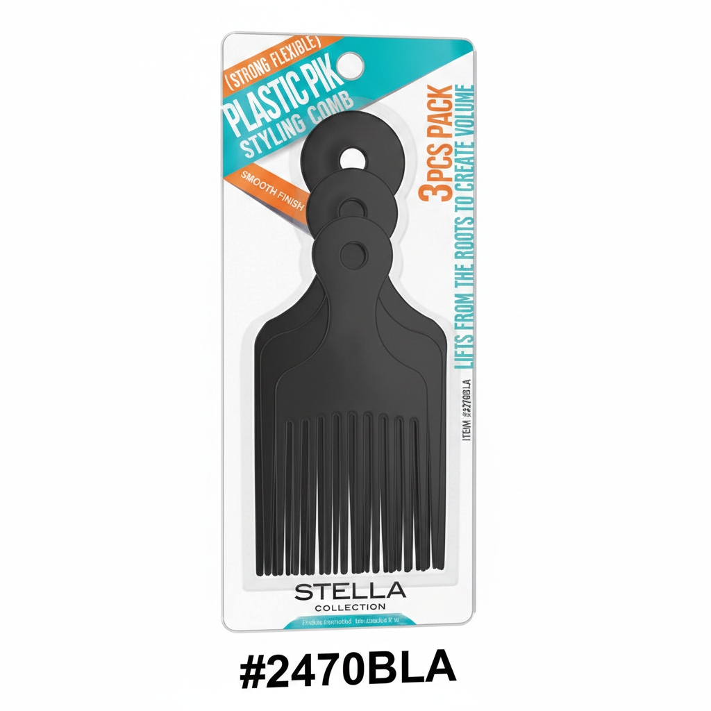 3PCS Plastic Pik Styling Comb Black #2470BLA Stella Collection