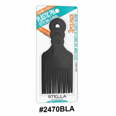 3PCS Plastic Pik Styling Comb Black #2470BLA Stella Collection