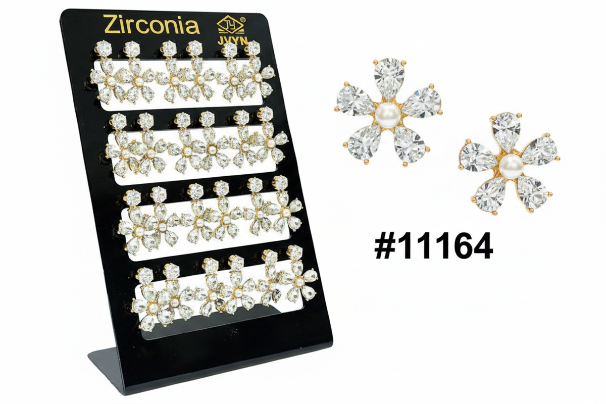 Zirconia Large Flower CZ Crystal Stud Earrings Gold Display Board #11164