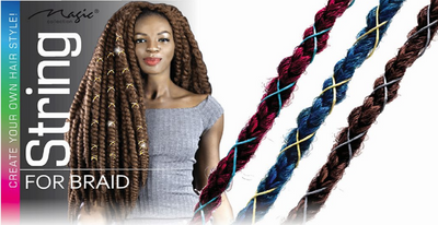 Promotional image of a hair product with braided hair and text about styling options.