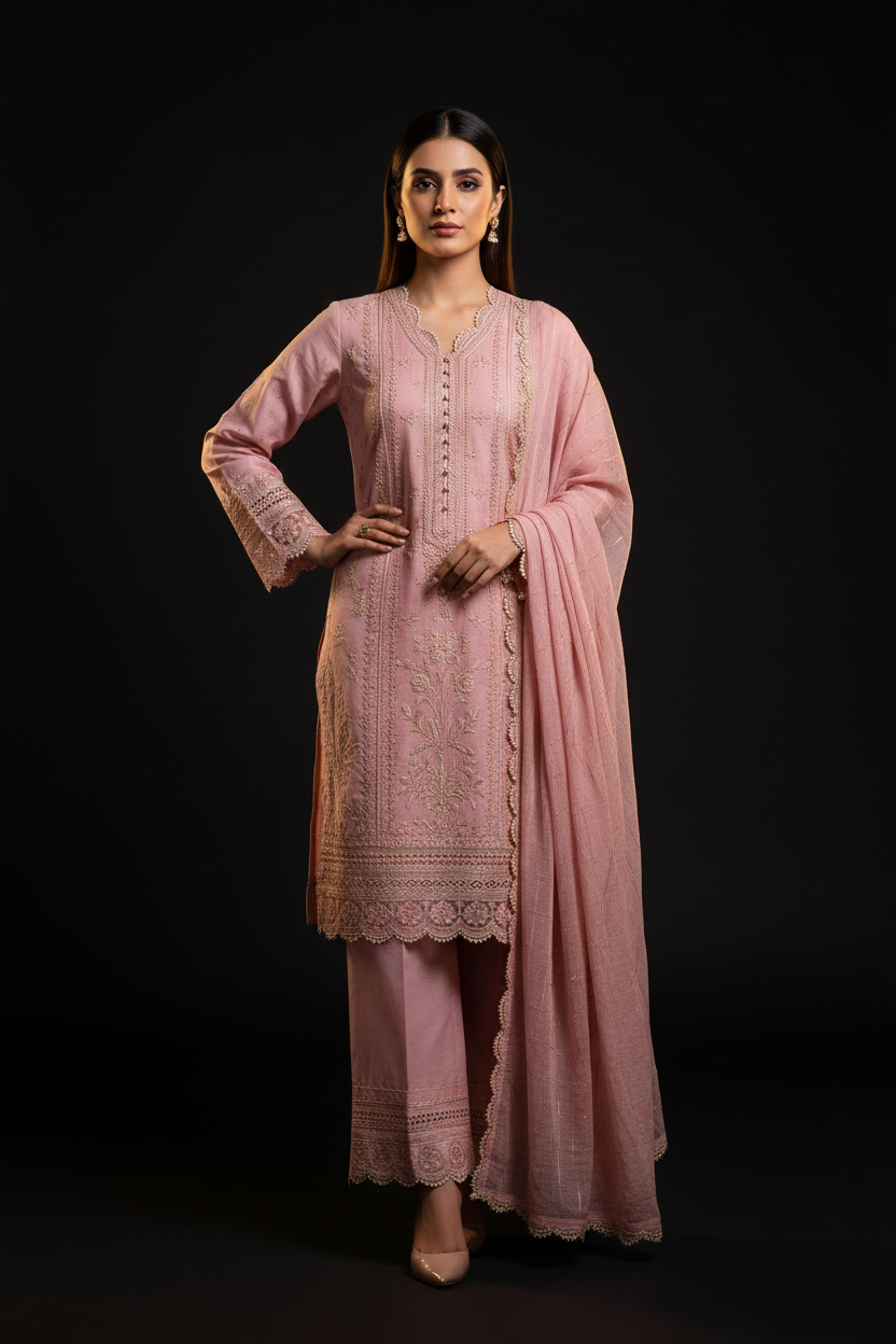 Model wearing Dusty Rose Lawn Suit with gold embroidery