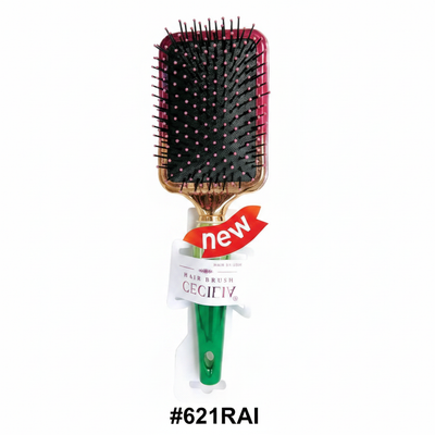 Cecilia Hair Brush #621RAI Large Paddle Brush Burgundy Gold Trim Green Handle
