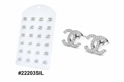 Silver CC Crystal Stud Earrings #22203SIL