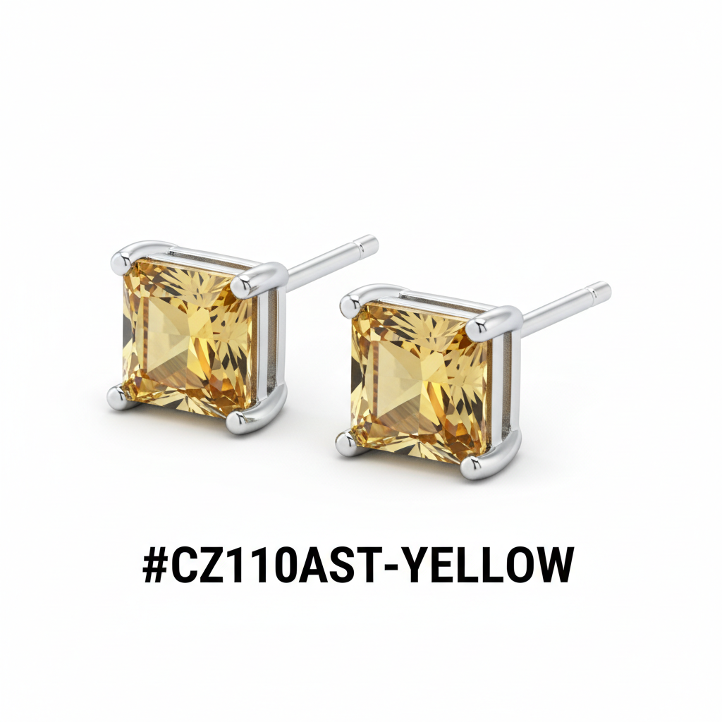 CZ Square Stud Earrings Yellow Citrine #CZ110AST