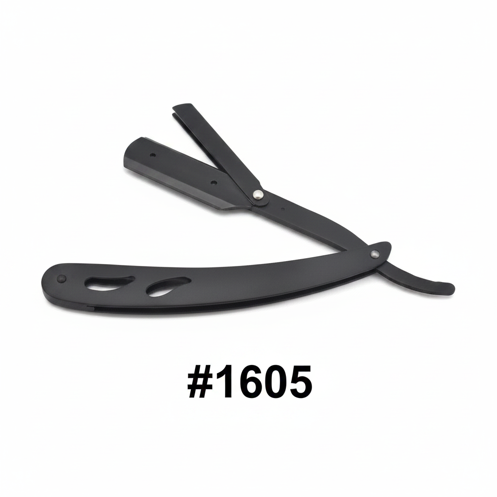 Matte Black Stainless Steel Straight Barber Foldable Razor #1605