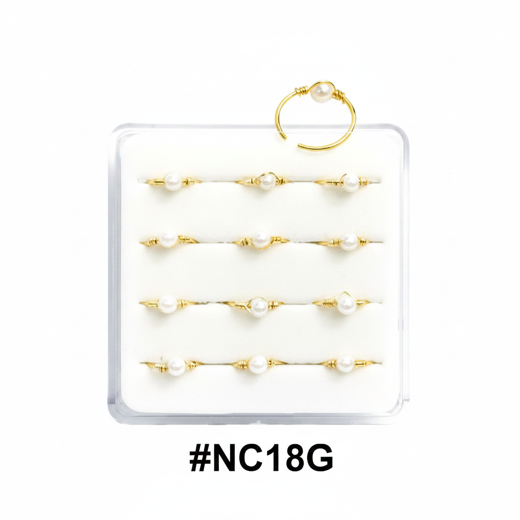 Gold Pearl Nose Rings & Pins Display Box #NC18G