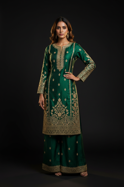 Model wearing Embroidered Silk Salwar Kameez on black background