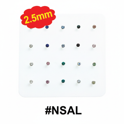 2.5mm Assorted Colour Crystal Nose Studs 20-Pack Display Card #NSAL