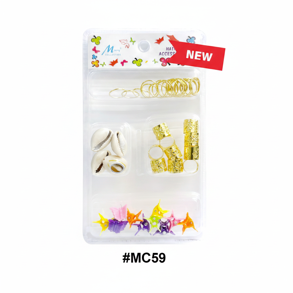 Murry Collection #MC59 Hair Accessory Kit with gold spring rings, cowrie shells, filigree cuffs and butterfly clips
